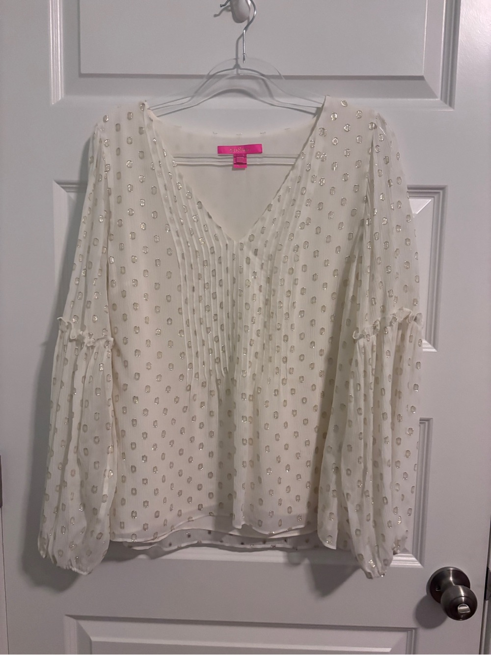 Lela Rose Cream V-Neck Pintuck Blouse with Gold Dots
